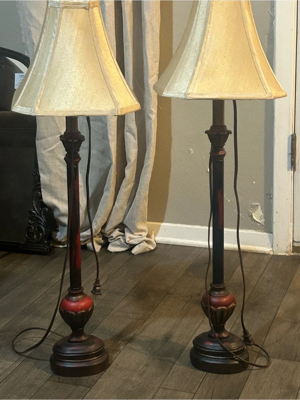 Classic Red and Black Floor Lamp Pair with Cream Shades